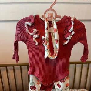 Red Ruffled Baby Onesie with Floral Pants